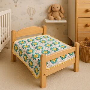 Handmade Crochet Granny Square Doll Blanket – 21” x 18” Vintage-Inspired